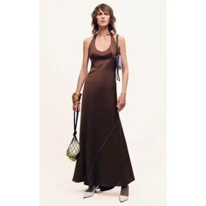 NWT Siedres Welise Halterneck Paneled Satin Maxi Dress Chocolate Brown 34 XS